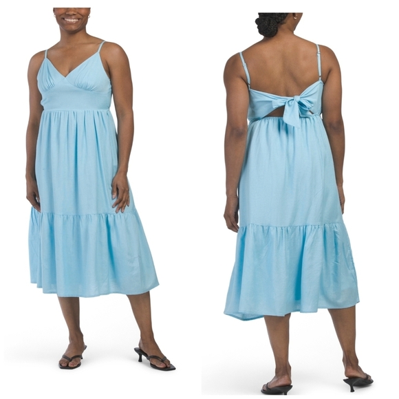 💙🔹️Japna🔹️ Aquamarine Linen Blend Tiered Blue Midi Dress - Picture 1 of 3
